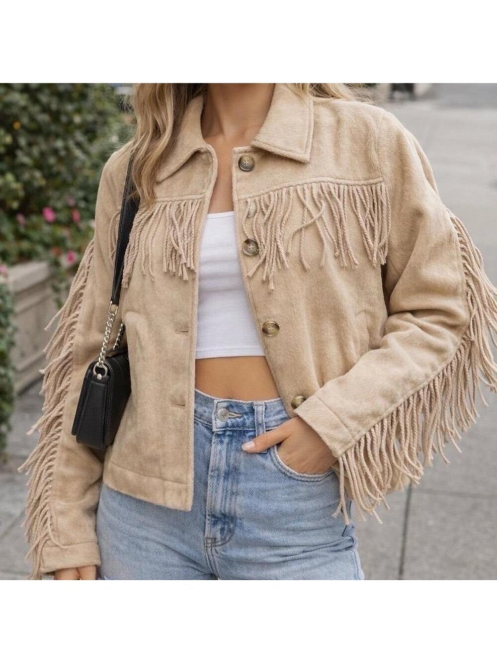 RSQ Tan Fringe Wester Boho Jacket Women's Button Front